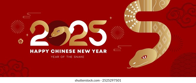 Chinese New Year 2025 Banner, Year of the snake. Chinese zodiac snake in geometric flat modern style.