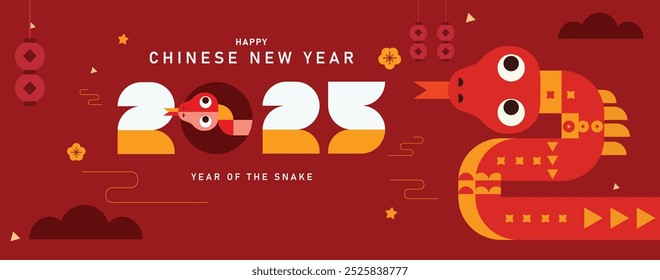 Chinese New Year 2025 Banner, Year of the snake. Chinese zodiac snake in geometric flat modern style.