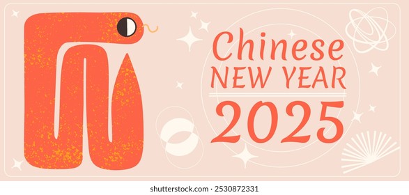 Chinese new year 2025 banner with snake. Vector hand-drawn design illustration. 