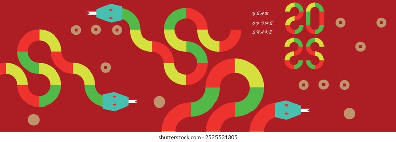 Projeto do modelo do banner do Ano Novo chinês 2025, ano da cobra com a cobra do estilo geométrico moderno no fundo vermelho.