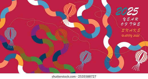 Chinese New Year 2025 banner template design, year of the snake with modern geometric style snake on red background.