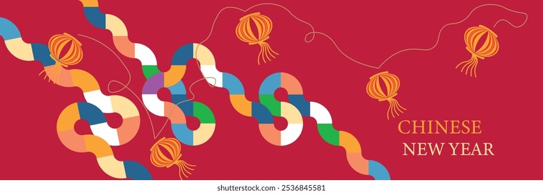 Chinese New Year 2025 Banner Template Design, Year of the Snake with Modern Geometric Style of Snake.