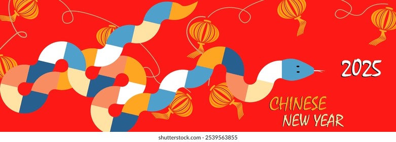 Chinese New Year 2025 Banner Template Design, Year of the Snake with Modern Geometric Style of Snake. Vector