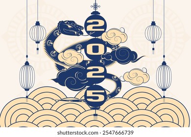 Chinese New Year 2025 banner featuring snake, lanterns, clouds, waves, and Chinese symbols in elegant colors