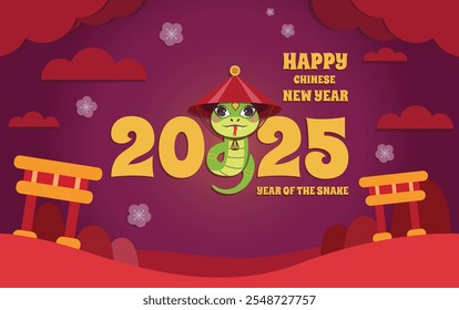 Chinese New Year 2025 Banner, Year of the snake. Chinese zodiac snake in geometric flat modern style. Holiday banners, web poster, flyers and brochures, greeting cards, group bright covers