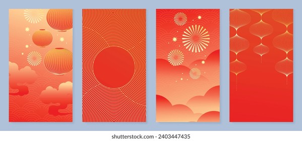 Vector de fondo de tarjeta chino de Año Nuevo 2024. Año del diseño del dragón con linterna dorada, fuegos artificiales, patrón chino. Elegante ilustración oriental para portada, banner, sitio web, calendario, sobre.