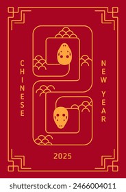 Chinese New Year, 2025 card design. Golden line-art snake, lunar mascot, serpent on red background. China holiday, Asian poster, postcard in traditional oriental style. Flat vector illustration