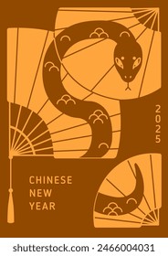 Chinese New Year 2025 card. China poster with snake. Oriental design, lunar serpent mascot, symbol. Festive eastern vertical background in Asian style. Happy CNY postcard. Flat vector illustration