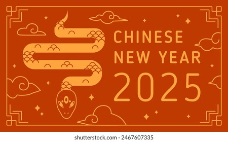 Chinese New Year 2025, card design. Lunar holiday background with golden snake. Asian festive banner, postcard with China mascot, eastern symbol. Oriental CNY postcard. Flat vector illustration