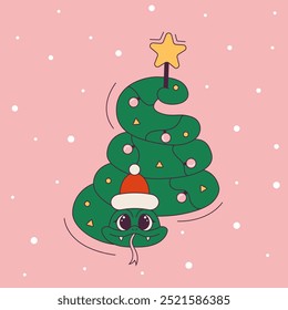 Chinese new year 2025 card with cute snake in xmas hat . Animal zodiac cartoon character. A snake in the shape of a Christmas tree and holding a star with its tail. Vector illustration
