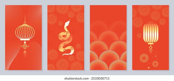 Chinese New Year 2025 card background vector. Year of the Snake design with golden snake, cloud, flower, firework, pattern. Elegant oriental illustration for cover, banner, website, calendar.