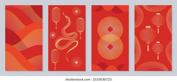 Chinese New Year 2025 card background vector. Year of the Snake design with golden snake, cloud, flower, firework, pattern. Elegant oriental illustration for cover, banner, website, calendar.