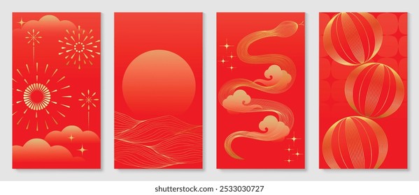 Chinese New Year 2025 card background vector. Year of the Snake design with golden snake, cloud, flower, firework, pattern. Elegant oriental illustration for cover, banner, website, calendar.