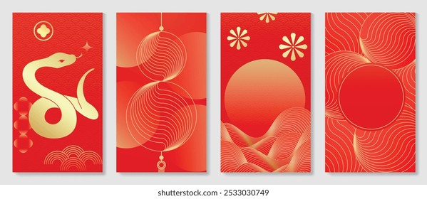 Chinese New Year 2025 card background vector. Year of the Snake design with golden snake, cloud, flower, firework, pattern. Elegant oriental illustration for cover, banner, website, calendar.