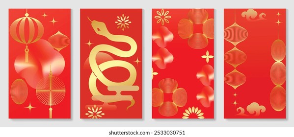 Chinese New Year 2025 card background vector. Year of the Snake design with golden snake, cloud, flower, firework, pattern. Elegant oriental illustration for cover, banner, website, calendar.