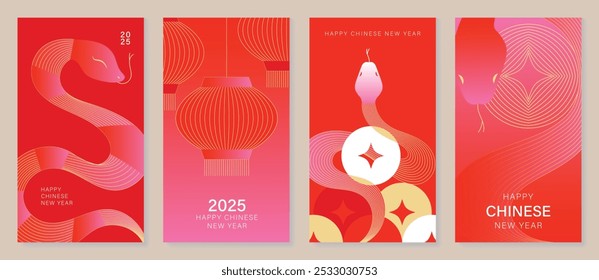 Chinese New Year 2025 card background vector. Year of the Snake design with golden snake, cloud, flower, firework, pattern. Elegant oriental illustration for cover, banner, website, calendar.