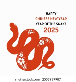 Chinese new year 2025 card with snake and flowers. Hand drawn vector illustration.