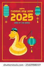 Chinese New Year 2025 card featuring a golden cartoon snake in a tosca Chinese hat, holding a tosca lantern with its tail, surrounded by matching lanterns, floral silhouettes, and a red background.