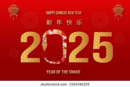 Chinese New Year 2025 card background, Snake Zodiac Elegance with red background. Year of the Snake. Chinese characters mean Happy New Year. Vector illustrator EPS10