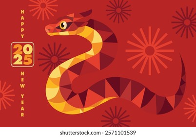 Chinese New Year 2025 card, web banner. Lunar year of the Snake design with golden red snake, stars, fireworks. Oriental illustration vector illustration background for cover, calendar, invitation 