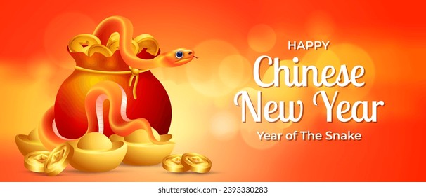 Chinese new year 2025, cartoon gold snake with coins, ingots and money bag illustration 