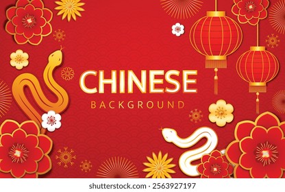 Chinese New Year 2025 Celebration Banner Background With Snake Flowers And Lanterns