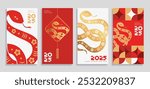 Chinese New Year 2025 creative design set for cover, card, poster, banner. Chinese zodiac Snake symbol. 