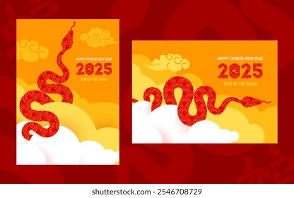 Chinese New Year 2025 designs set with snake in clouds, chinese zodiac symbol of lunar new year. Modern graphic art for greeting card, banner, poster, cover. Hieroglyph mean Snake. Vector illustration