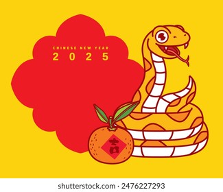 Chinese New Year 2025 with empty space background. Cartoon cute snake with tangerine greetings Illustration. Year of the Snake. Translation: Lucky