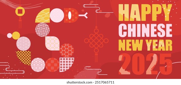 Chinese New Year 2025 Festive Design with Asian Patterns. Year of the Snake Zodiac Card Template Design with Lucky Charms and Geometric Oriental Clouds Background. 