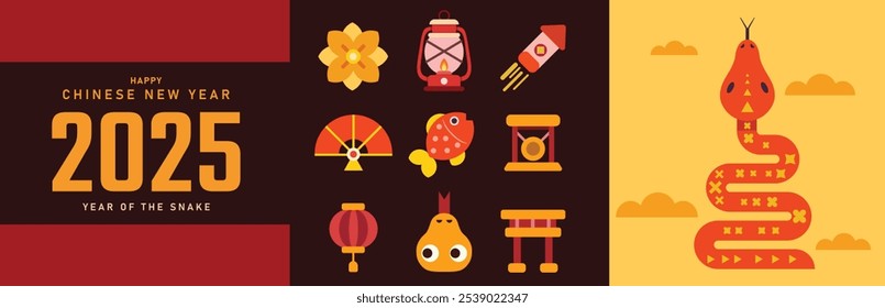 Chinese New Year 2025. Festive Year of the Snake Illustration. Red Snake vertical design, cards, story templates and envelope design. Lunar new year concept, geometric modern vector design.