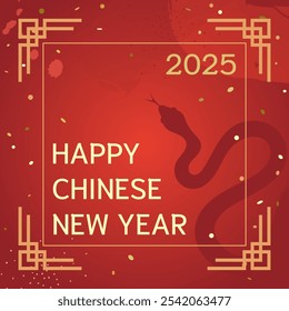 Chinese New Year 2025 Festive Design with Asian Patterns. Red and Gold Square Banner Template Design with Snake Zodiac Silhouette Background.