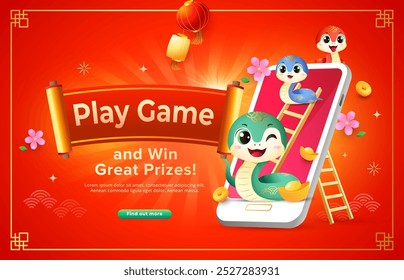 Chinese New Year 2025 game contest banner with cute snake zodiac, chinese lanterns and gold ingots. Holiday vector illustration template.