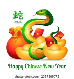 Chinese New Year 2025, Green snake with Angpao, golden ingots and coins