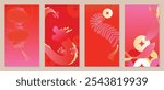 Chinese New Year 2025 greeting card background vector. Luxury poster design with koi fish, dragon, lantern, firecracker, line art. Elegant oriental illustration for cover, red envelope, calendar.