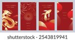 Chinese New Year 2025 greeting card background vector. Luxury poster design with koi fish, wave, lantern, dragon, firework, line art. Elegant oriental illustration for cover, red envelope, calendar.