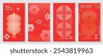 Chinese New Year 2025 greeting card background vector. Luxury poster design with lantern, flower, cloud, infinity, pattern, line art. Elegant oriental illustration for cover, red envelope, calendar.