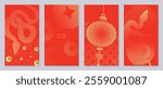 Chinese New Year 2025 greeting card background vector. Year of the Snake design with gold snake, lantern, pattern, dot texture. Elegant oriental illustration for cover, poster, red envelope, calendar.