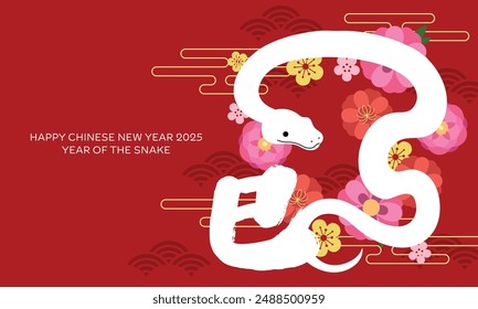 Chinese new year 2025 greeting card snake on spring flowers. Zodiac snake with spring flowers background with oriental auspicious clouds pattern and the chinese character for Year of the Snake.