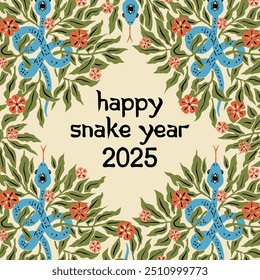 Chinese New Year 2025 greeting card design with mystical floral snake. Greeting with spiritual magical serpent in flowers and leaves. Happy Snake Year text.
