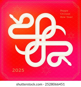 Chinese new year 2025 greeting card template. Geometric intertwined Snakes. Red traditional Chinese vector designs with linear decor. Lunar new year concept, geometric modern vector design