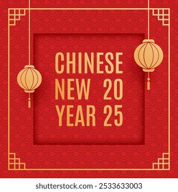 Chinese New Year 2025. Greeting card, banner. With gold frame and lanterns. Red background pattern. Vector