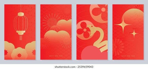 Chinese New Year 2025 greeting card background vector. Year of the Snake design with golden snake, lanterns, firecrackers, cloud. Elegant oriental illustration for cover, poster, website, calendar.