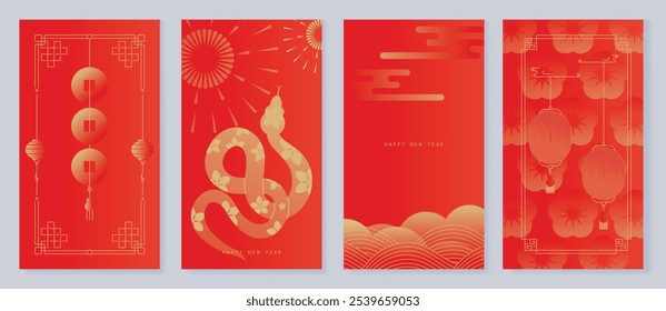 Chinese New Year 2025 greeting card background vector. Year of the Snake design with golden snake, lanterns, firecrackers, cloud. Elegant oriental illustration for cover, poster, website, calendar.