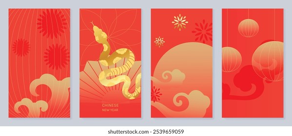 Chinese New Year 2025 greeting card background vector. Year of the Snake design with golden snake, lanterns, firecrackers, cloud. Elegant oriental illustration for cover, poster, website, calendar.