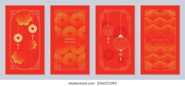 Chinese New Year 2025 greeting card background vector. Year of the Snake design with gold lantern, cherry blossom, coin. Elegant oriental illustration for cover, poster, red envelope, calendar.