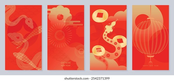 Chinese New Year 2025 greeting card background vector. Year of the Snake design with golden snake, lanterns, coin, cloud. Elegant oriental illustration for cover, poster, red envelope, calendar.