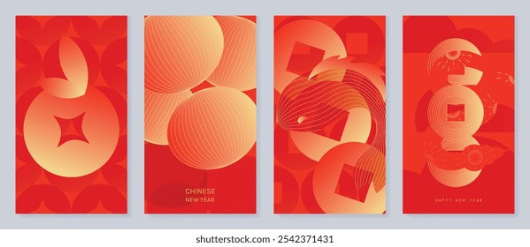 Chinese New Year 2025 greeting card background vector. Year of the Snake design with golden snake, lanterns, fish, orange. Elegant oriental illustration for cover, poster, red envelope, calendar.