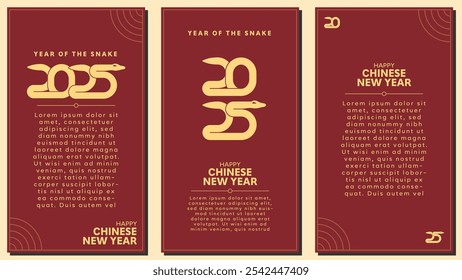 Tarjeta de felicitación china del Año Nuevo 2025 para el Año de la Serpiente, colores tradicionales rojo y dorado. Sencillo, elegante con el símbolo de la serpiente, que representa la prosperidad, la sabiduría y la Renovación. Diseño de Vertical.