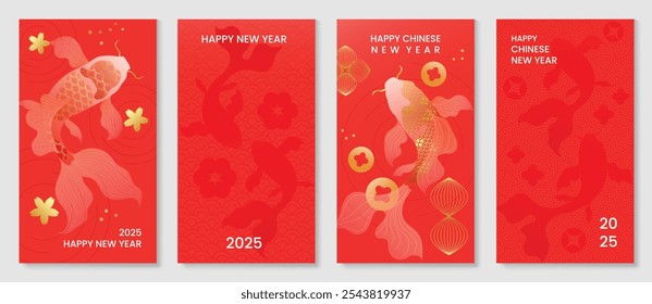 Chinese New Year 2025 greeting card background vector. Luxury poster design with koi fish, cherry blossom, pattern, line art. Elegant oriental illustration for cover, red envelope, calendar.